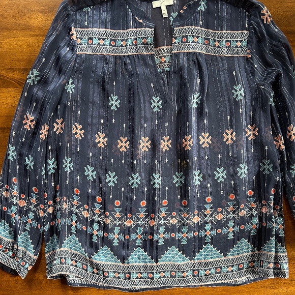 Joie Navy Abstract Print Sheer Silk Blouse (Size Medium) - Picture 3 of 8